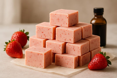 Squares of strawberry fudge on parchment
