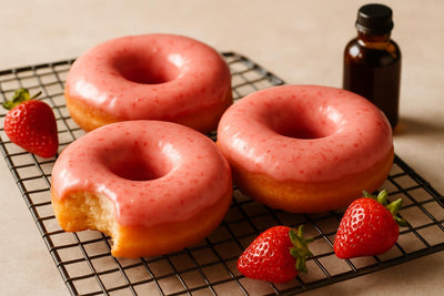 Doughnuts finished with strawberry glaze on a cooling rack