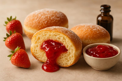 Filled doughnut cut open to show strawberry jam filling