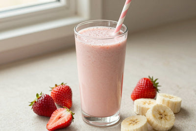 A tall glass of thick, creamy strawberry protein shake with a straw, a few of its fresh ingredients beside it
