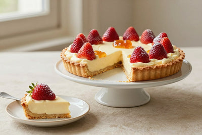 A strawberry tart on a cake stand with one slice cut out and served on a small plate