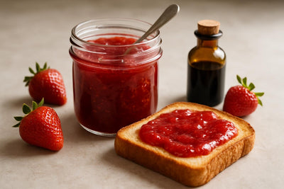 Jar of strawberry vanilla jam spread with toast