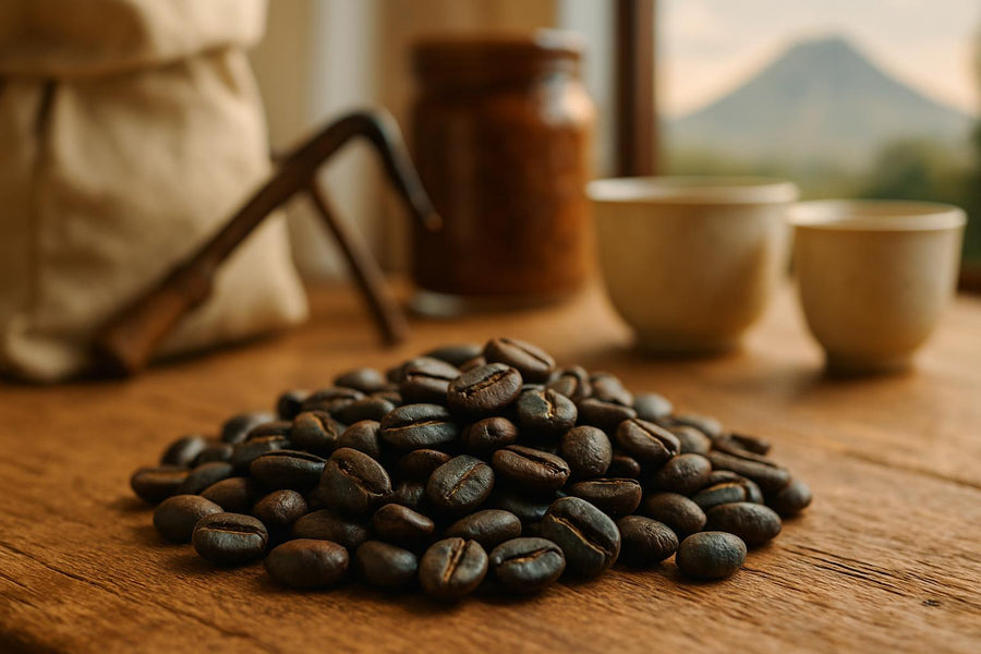 Sumatra coffee beans showing characteristic blue-green color from wet-hulling process