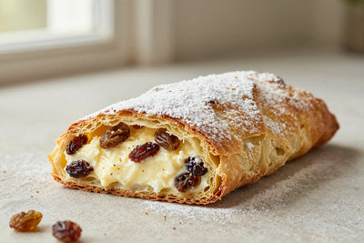 A sliced sweet cheese and raisin strudel dusted with powdered sugar, showing the swirl of filling and flaky layers