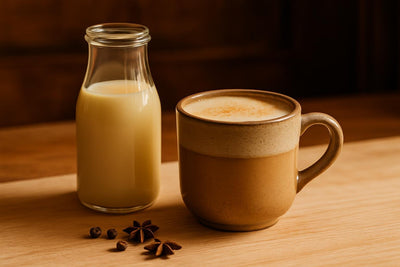 Sweetened Condensed Milk Creamer in a ceramic mug on an oak kitchen island