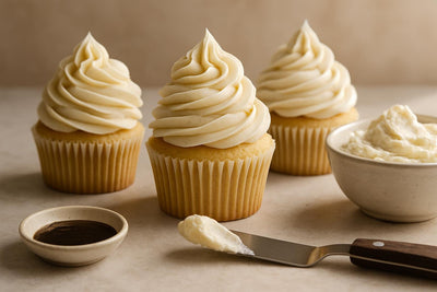 Cupcakes piped with Tahitian vanilla buttercream frosting