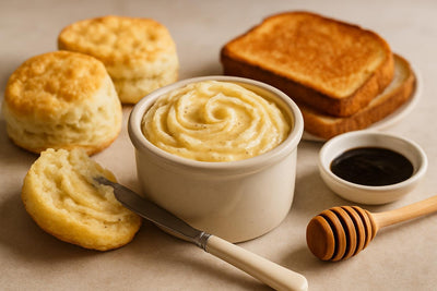 Tahitian Vanilla Honey Butter in a crock with warm biscuits