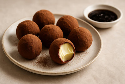 Tahitian Vanilla Truffles on a plate, one bitten