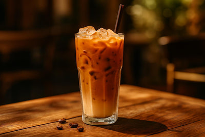 Thai Iced Coffee in a glass on an oak patio table