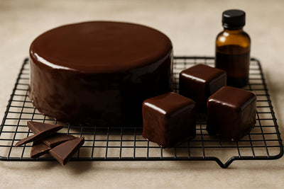 Cake coated in glossy thin dark chocolate ganache icing