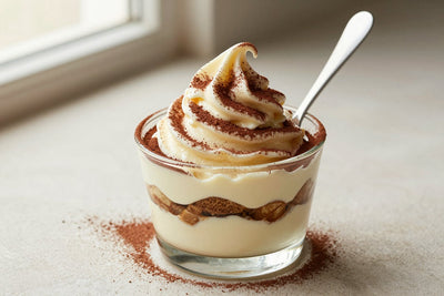 A generous swirl of tiramisu gelato in a small glass cup with a flat gelato spade
