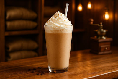 Toasted Marshmallow Frappé in a glass on an oak bar