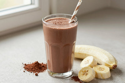 A tall glass of thick, creamy tofu chocolate protein shake with a straw, a few of its fresh ingredients beside it