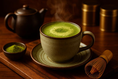 Traditional Matcha in a ceramic mug on an oak serving board