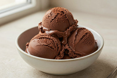 Two generous scoops of triple chocolate ice cream in a shallow ceramic bowl, softly melting at the edges