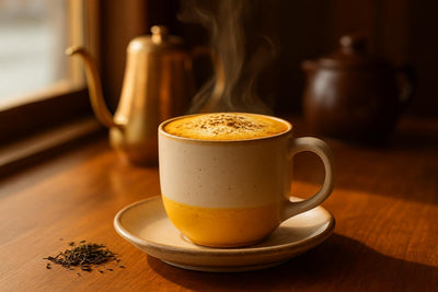 Turmeric Latte in a ceramic mug on an oak café counter