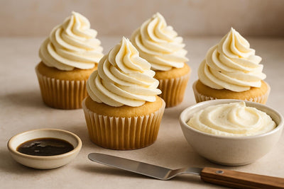 Cupcakes piped with vanilla bean buttercream frosting