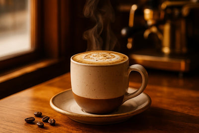 Vanilla Bean Holiday Latte in a ceramic mug on an oak café counter