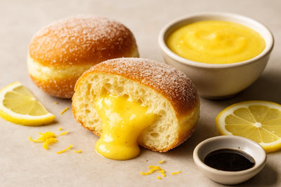 Filled doughnut cut open to show vanilla bean lemon curd