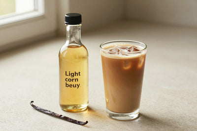 A small glass bottle of vanilla bean syrup with a pour spout, beside an iced latte sweetened with it