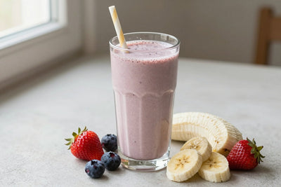 A tall glass of thick, creamy vanilla berry protein shake with a straw, a few of its fresh ingredients beside it