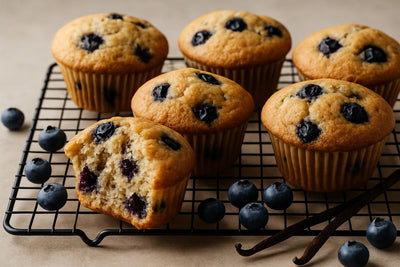 Vanilla Blueberry Cardamom Muffins on a cooling rack