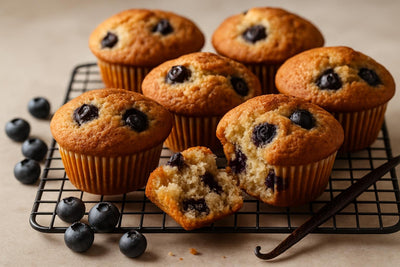 Vanilla Blueberry Cinnamon Muffins on a cooling rack
