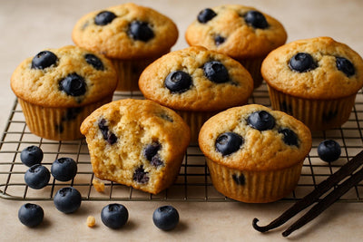 Vanilla Blueberry Ginger Muffins on a cooling rack