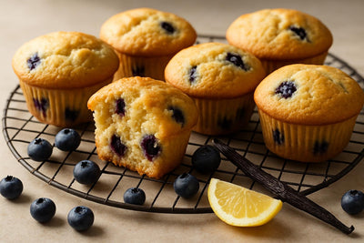 Vanilla Blueberry Lemon Muffins on a cooling rack