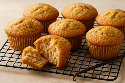 Vanilla Brown Sugar Cardamom Muffins on a cooling rack