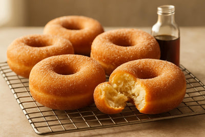 Vanilla Brown Sugar Yeast Doughnuts on a cooling rack