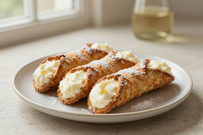 Vanilla cannoli on a plate, crisp shells with the creamy filling piped out of both ends