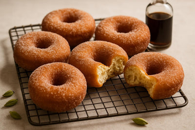 Vanilla Cardamom Brown Sugar Yeast Doughnuts on a cooling rack