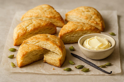 Vanilla Cardamom Cream Scones on parchment
