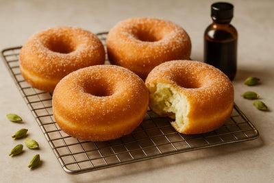 Vanilla Cardamom Lemon Yeast Doughnuts on a cooling rack