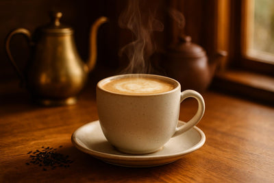 Vanilla Chai Latte in a ceramic mug on an oak café counter