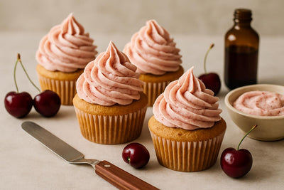Cupcakes piped with vanilla cherry ginger buttercream
