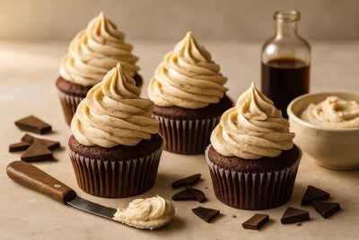Cupcakes piped with vanilla chocolate cardamom buttercream
