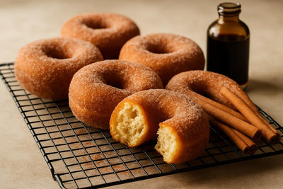 Vanilla Cinnamon Brown Sugar Yeast Doughnuts on a cooling rack