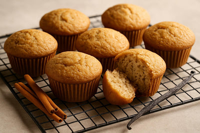 Vanilla Cinnamon Cardamom Muffins on a cooling rack