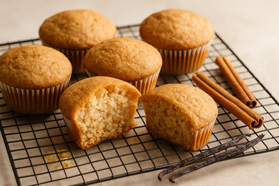 Vanilla Cinnamon Ginger Muffins on a cooling rack