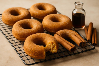 Vanilla Cinnamon Orange Cake Doughnuts on a cooling rack