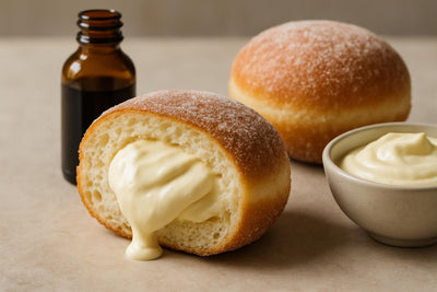 Filled doughnut cut open to show vanilla cream cheese filling