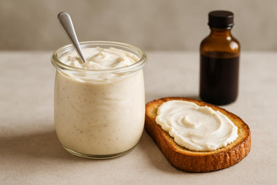 Jar of vanilla cream cheese spread with toast