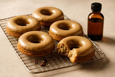 Vanilla Espresso Cake Doughnuts on a cooling rack
