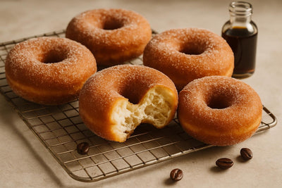 Vanilla Espresso Yeast Doughnuts on a cooling rack