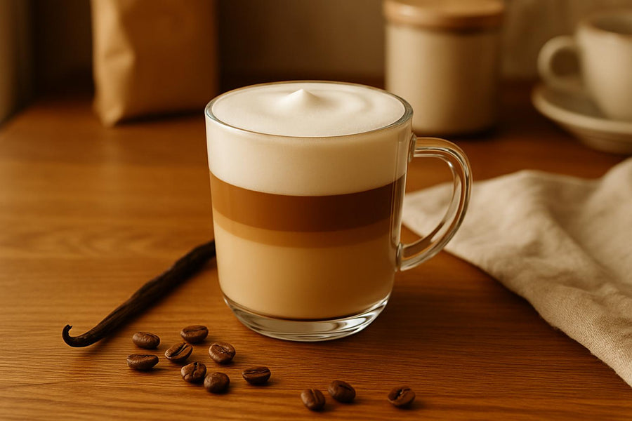 Vanilla latte made with real vanilla extract in a glass mug with espresso and steamed milk