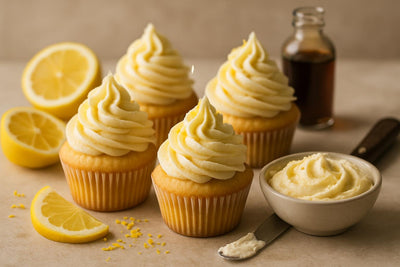 Cupcakes piped with vanilla lemon cardamom buttercream