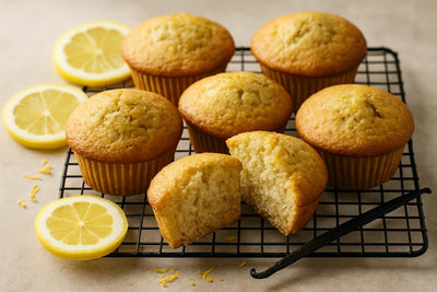 Vanilla Lemon Cardamom Muffins on a cooling rack
