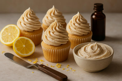Cupcakes piped with vanilla lemon cinnamon buttercream